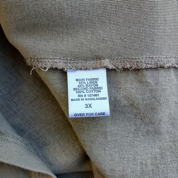 Cathy Woman Khaki Green Blouse 3X button front roll tab sleeves repaired linen - Picture 7 of 14